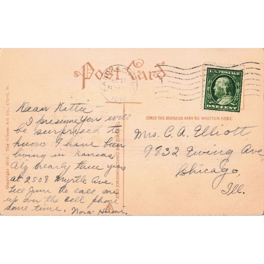 Vintage 1910 Gibson Art Co Christmas Postcard Floral Sepia Franklin Stamp VG - Picture 2 of 2